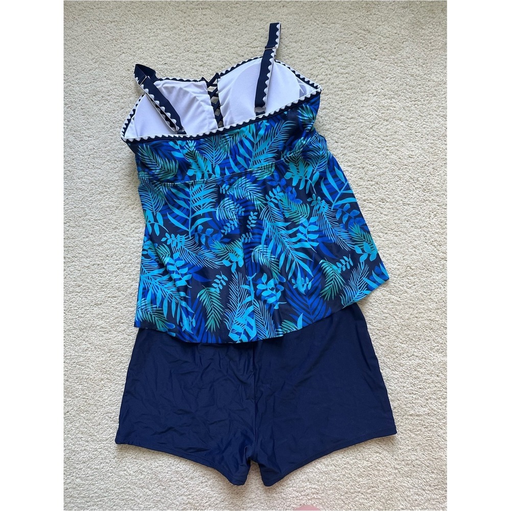 Tropical Beach Summer Tankini Set XL Blue Floral Swim Shorts Lace Up Scallop - Picture 3 of 4